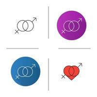 Valentijnsdag icoon. plat ontwerp, lineaire en kleurstijlen. met elkaar verbonden symbolen van man en vrouw in het hart. geïsoleerde vectorillustraties vector