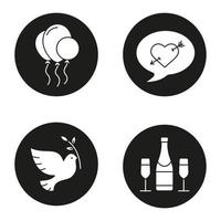 vakantie pictogrammen instellen. luchtballonnen, liefdespost, duif met olijftak, champagne. vredesdag, Valentijnsdag, verjaardagsfeestje symbolen. vector witte silhouetten illustraties in zwarte cirkels