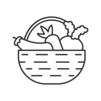 mand met groenten lineair pictogram. herfst oogst. wortel, aubergine, rode biet. dunne lijn illustratie. contour symbool. vector geïsoleerde overzichtstekening