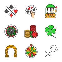 casino kleur pictogrammen instellen. kaarten pakken, vier azen, gokautomaat, roulette, rad van fortuin, gokfiche, dobbelstenen, klavertje vier, hoefijzer. geïsoleerde vectorillustraties