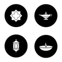 islamitische cultuur glyph pictogrammen instellen. moslimster, lantaarn, olielampen. vector witte silhouetten illustraties in zwarte cirkels