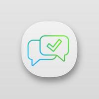 goedgekeurd chat-app-pictogram. bezorgd bericht. sms verificatie. bevestigingsvenster. ui ux-gebruikersinterface. web applicatie. goedkeuring van het bericht. tekstballon met vinkje. vector geïsoleerde illustratie