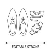 heren accessoires lineaire pictogram. kledingvoorschrift. dunne lijn illustratie. herenkleding. herenstijl en mode. schoenen, polshorloge en smokingvlinderdas. contour vector geïsoleerde overzichtstekening. bewerkbare streek