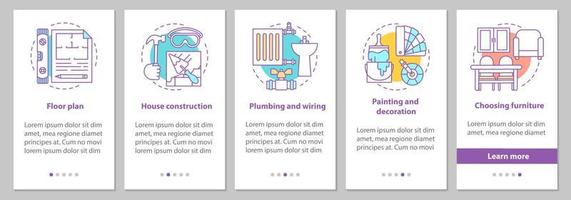 huis bouwen onboarding mobiele app paginascherm met concepten. plattegrond, constructie, bedrading en sanitair, meubelstappen grafische instructies. ux, ui, gui vectorsjabloon met illustraties vector