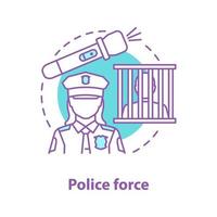 politie concept icoon. wetshandhaving idee dunne lijn illustratie. politieagente, zaklamp, gevangene. vector geïsoleerde overzichtstekening