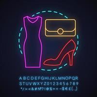 dameskleding winkel neon licht concept icoon. mode idee. avondjurk, handtas, schoen met hoge hakken. gloeiend bord met alfabet, cijfers en symbolen. vector geïsoleerde illustratie