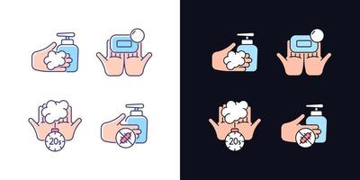 handhygiëne licht en donker thema rgb kleur iconen set. wassen met steenzeep. antimicrobiële huidreiniger. geïsoleerde vectorillustraties op witte en zwarte ruimte. eenvoudig gevuld lijntekeningenpakket vector