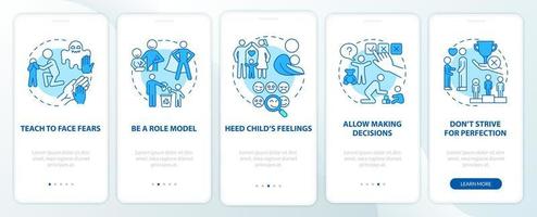 naar voren brengen van het blauwe onboarding-paginascherm van de mobiele app. kind geestelijke gezondheid walkthrough 5 stappen grafische instructies met concepten. ui, ux, gui vectorsjabloon met lineaire kleurenillustraties vector