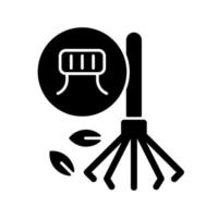 harken van kroonkurken zwart glyph-pictogram. bezem gemaakt van gerecyclede plastic flessen. milieuvriendelijk tuingereedschap. duurzame bezemsteel. silhouet symbool op witte ruimte. vector geïsoleerde illustratie