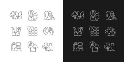 natuurlijke hulpbronnen instandhouding lineaire pictogrammen instellen voor donkere en lichte modus. plastic producten hergebruiken. Zero waste. aanpasbare dunne lijn symbolen. geïsoleerde vectoroverzichtsillustraties. bewerkbare streek vector