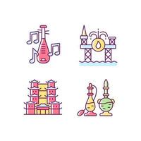 cultuur van singapore rgb kleur iconen set. pipa muziekinstrument. boren op zee. tand relikwie tempel. vintage parfumflesjes. geïsoleerde vectorillustraties. verzameling eenvoudige gevulde lijntekeningen vector