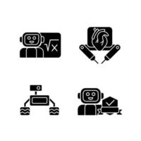 robotica technologie zwarte glyph pictogrammen instellen op witruimte. chirurgische robot. robot voertuig. veiligheid in huis. kunstmatige intelligentie in de klas. silhouet symbolen. vector geïsoleerde illustratie