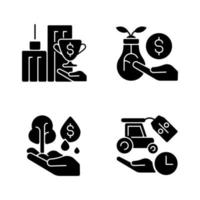subsidie en investeringen zwarte glyph pictogrammen instellen op witruimte. financiële ondersteuning van kleine bedrijven. huurverlaging en belastingaftrek. groei van het opstarten. silhouet symbolen. vector geïsoleerde illustratie