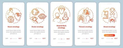 oncologie onboarding mobiele app paginascherm met concepten. oculaire oncologie. kankerbehandeling vijf stappen grafische instructies. thoracale kanker. ui-vectorsjabloon, rgb-kleurenillustraties vector