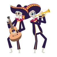 Mexicaanse mariachis-schedels die gitaar en trompet spelen vector