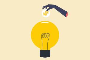 zakenman hand- zetten gouden munt binnen de licht lamp. concept van investering, innovatie en idee. vector