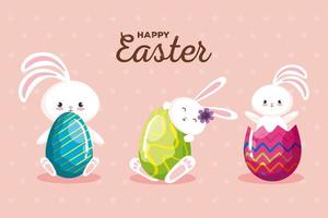 vrolijke paaskaart met versierde konijnen en eieren vector