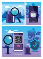 qr code smartphone hangslot lupe en schild vector ontwerp