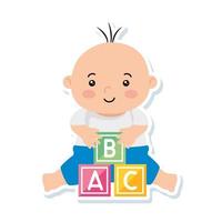 schattige kleine babyjongen met kubussen speelgoed vector