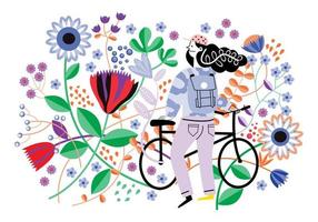 meisje met fiets in de bloementuin vector