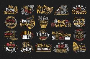 verzameling van Kerstmis handgeschreven belettering met hand- getrokken vakantie decoraties. feestelijk kleurrijk inscripties Aan donker achtergrond. vector