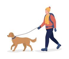 man met hond in winter semi-egale kleur vector karakter. poserend figuur. volledige lichaamspersoon op wit. winter openluchtrecreatie geïsoleerde moderne cartoon stijl illustratie voor grafisch ontwerp en animatie