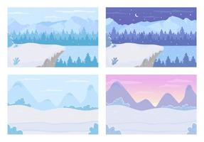 winter dag en nacht land egale kleur vector illustratie set. bevroren meer overdag. weide heuvels tijdens zonsondergang. schilderachtige natuur. seizoensgebonden 2D-cartoonlandschap met sneeuw op de achtergrondcollectie