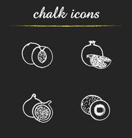 fruit pictogrammen instellen. illustraties van abrikoos, granaatappel, vijgen en kiwi's. tropisch fruit geïsoleerde vector schoolbordtekeningen