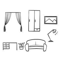 hand getekende eenvoudige set van meubels gerelateerde vector lijn iconen. met doodle tekenstijl vector