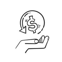 hand getekende hand en geld symbool voor cashback icoon, geld terug, geld terug korting, dunne lijn web symbool op witte achtergrond in doodle vector