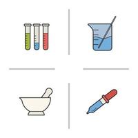 chemische lab apparatuur gekleurde pictogrammen instellen. reageerbuisjes, vijzel en stamper, beker met staaf en pipet. geïsoleerde vectorillustraties vector
