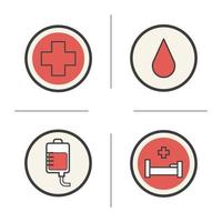 bloeddonatie gekleurde pictogrammen instellen. bloeddruppel, medisch kruis, ziekenhuisbed en bloedzak. geïsoleerde vectorillustraties vector