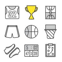 basketbal lineaire pictogrammen instellen. basketbaluniform, bal, scorebord, veld, hoepel en sneakers. winnaarsbeker en klembordspelplan. dunne lijn. geïsoleerde vectorillustraties vector