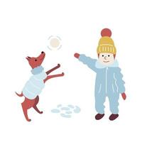 een kind op een winterwandeling met een hond speelt sneeuwballen. het kind in warme winterkleren lacht en heeft plezier. vectorillustratie in vlakke stijl geïsoleerd op een witte achtergrond vector