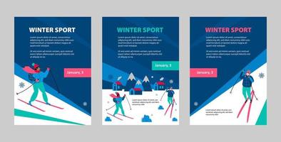 wintersport skiën poster set. skiër in beweging en winterwandelen. sport sjabloon van flyer, tijdschriften, banners. actieve levensstijl uitnodiging concept. platte vector cartoon afbeelding