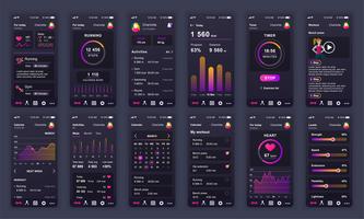 Set van UI, UX, GUI schermen Fitness app platte ontwerpsjabloon voor mobiele apps, responsieve website wireframes. UI-kit voor webontwerp. Fitness Dashboard. vector