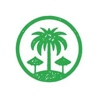 tropisch luxe toevlucht met palm boom en twee zonnen paraplu in cirkel kader groen hand- getrokken vector