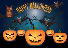 fijne Halloween. pompoenen, vleermuizen, uil, bomen, zilveren maan. halloween vector