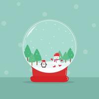 vector - mooie vrolijke kerst sneeuwbol. sneeuwpop en pinguïn dansen met groene boom. vakantie seizoen groet. gelukkig nieuwjaar, thanksgiving, tweede kerstdag. ruimte kopiëren.