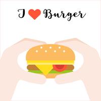 hand met kaas hamburger, ik hou van hamburger, fast food concept platte ontwerp vector