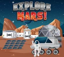 ruimtestation op planeet met explore mars-logo vector