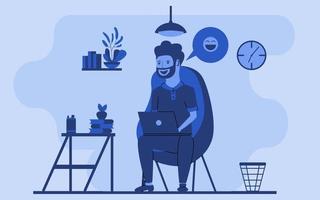 freelancer concept vlakke afbeelding vector ontwerp gelukkig freelancer thuis werken kerel zittend op fauteuil met behulp van laptop online chatten glimlachend vectorillustratie voor thuis werken op afstand werk