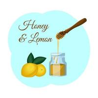 honing en citroen. twee gele citroenen met groene bladeren, een pot honing en honingdipper op een blauwe achtergrond. vectorillustratie in platte cartoonstijl