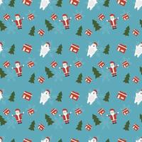 Kerstman, ijsbeer, huis, kerstboom, sneeuwvlokken vector herhalingspatroon, hand getekende kerst herhalingspatroon voor achtergrond, behang, cadeaupapier, textiel, verpakking, banner.