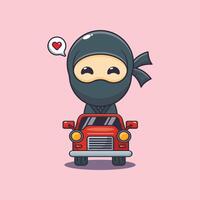 schattig Ninja mascotte tekenfilm karakter rijden Aan auto vector