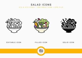 salade pictogrammen instellen vectorillustratie met solide pictogram lijnstijl. gezond veganistisch ingrediëntenconcept. bewerkbaar lijnpictogram op geïsoleerde witte achtergrond voor webdesign, gebruikersinterface en mobiele app vector