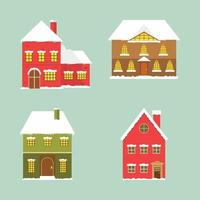 kersthuis met sneeuw op het dak. Kerstdecoratie huis met schoorsteen. veelkleurige huizen. leuke huisjes met kerstversiering. winterse rijtjeshuizen met dichte sneeuw. vector