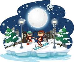 aap skiën in de sneeuw 's nachts vector