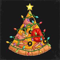 kerstpizzaboom verrukkelijk stuk pizza omringd door kerstboomverlichting vector