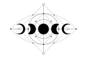 hemelse magische maanstanden pictogrammen, heilige geometrie, oog van de voorzienigheid mystieke concept, alchemie alziend oog, zwarte logo tatoeage, boho stijl vector isoalted op witte achtergrond
